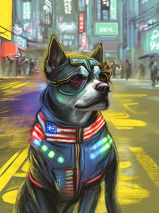 Prompt: pop art chalk pastel art of detailed dog wearing USA clothes playing in the streets in cyberpunk japan during a festival, sketch, detailed background, highres, fun atmosphere, natural lighting,  abstract, fun