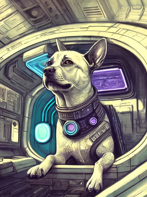 Prompt: chalk pastel style of a  detailed dog in a cyberpunk spaceship, sketch, detailed background, highres, fun atmosphere, natural lighting,  abstract, fun