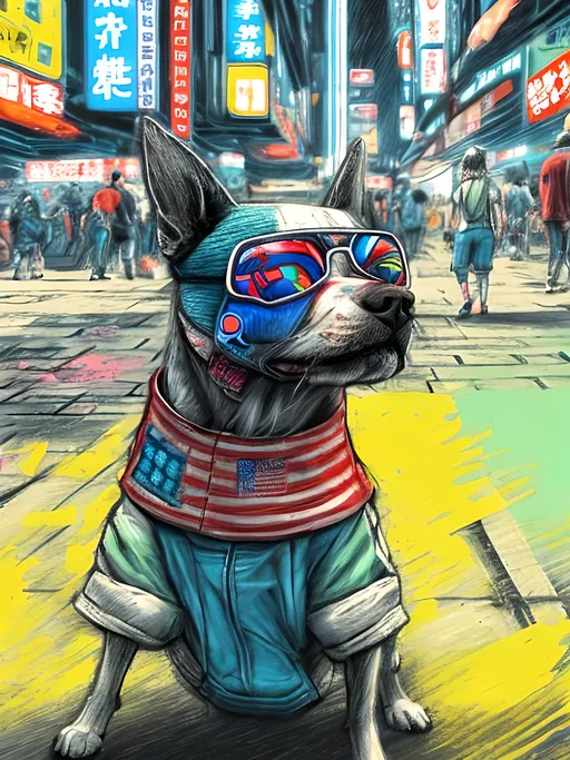 Prompt: pop art chalk pastel art of detailed dog wearing USA clothes playing in the streets in cyberpunk japan during a festival, sketch, detailed background, highres, fun atmosphere, natural lighting,  abstract, fun