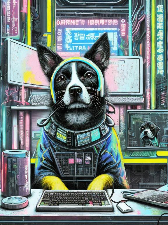 Prompt: pop art chalk pastel art of detailed dog hacking computers in cyberpunk japan, sketch, detailed background, highres, fun atmosphere, natural lighting,  abstract, fun