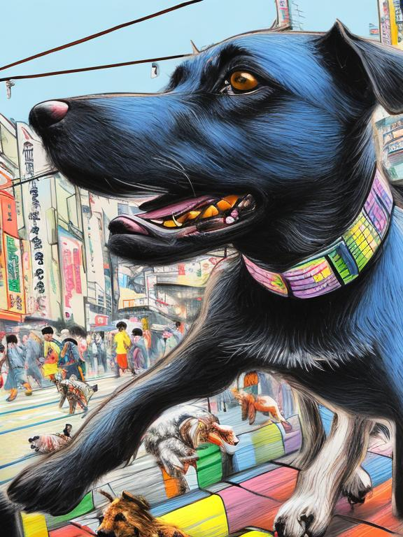 Prompt: pop art chalk pastel art of detailed dogs wearing clothes playing in the streets in japan during a festival, sketch, detailed background, highres, fun atmosphere, natural lighting,  abstract, fun