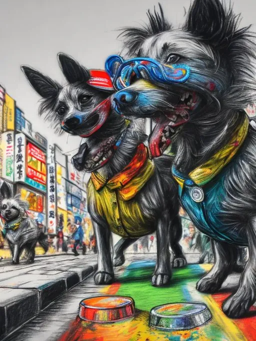 Prompt: pop art chalk pastel art of detailed dogs wearing clothes playing in the streets in japan during a festival, sketch, detailed background, highres, fun atmosphere, natural lighting,  abstract, fun