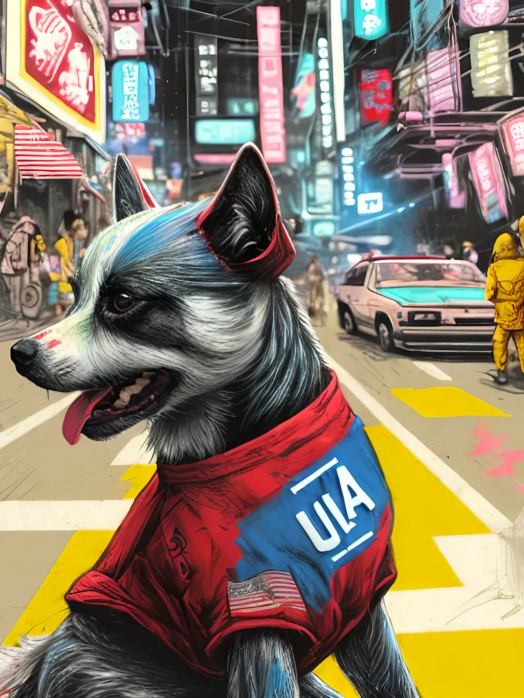 Prompt: pop art chalk pastel art of detailed dog wearing USA clothes playing in the streets in cyberpunk japan during a festival, sketch, detailed background, highres, fun atmosphere, natural lighting,  abstract, fun