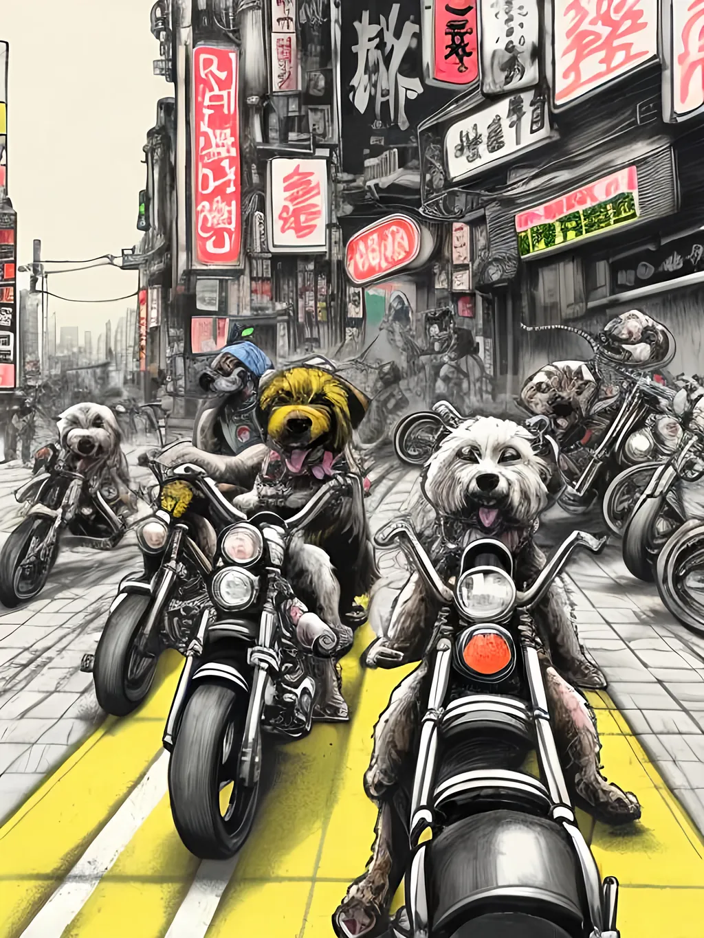 Prompt: pop art chalk pastel art of detailed dogs wearing biker gang clothes playing in the streets in cyberpunk japan during a festival, sketch, detailed background, highres, fun atmosphere, natural lighting,  abstract, fun