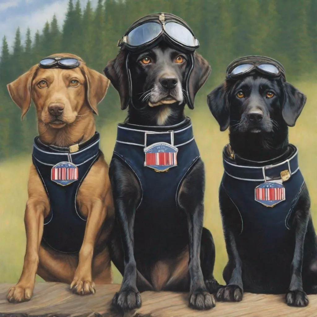 Prompt: mountain cur black dogs in pilots uniform 90s poster