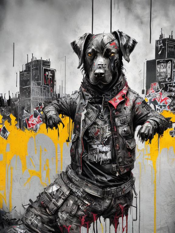 Prompt: Abstract art of a black dogs in gangster punk clothes, graffiti, streets, patriotic, detailed, atmospheric lighting, intense battle in the background, highres, ultra-detailed, abstract, gangster punk, detailed clothing, patriotic theme, street graffiti, intense battle, atmospheric lighting, dogs