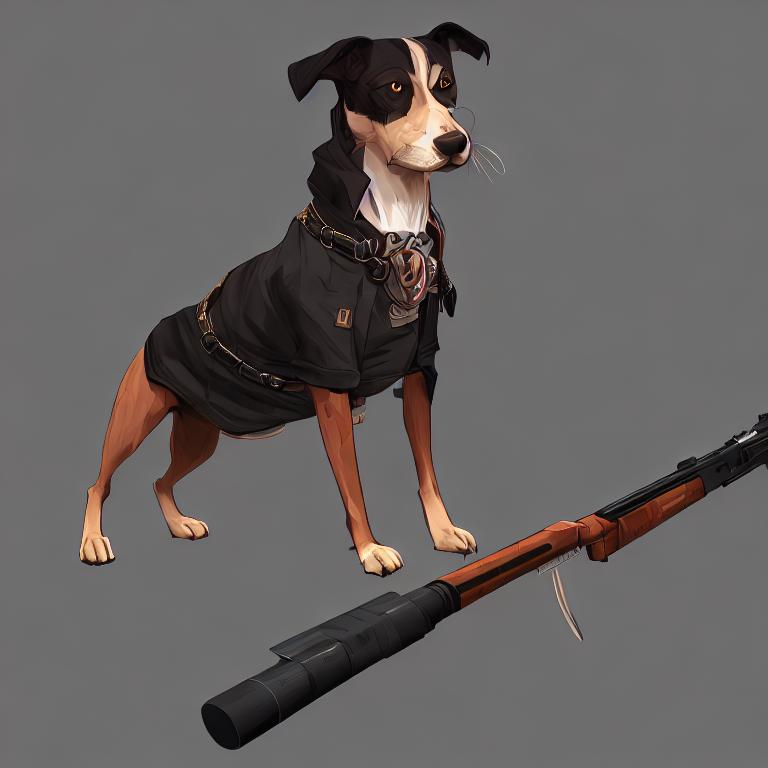 Prompt: black mountain cur dog dressed as yakuza holding a sniper rifle