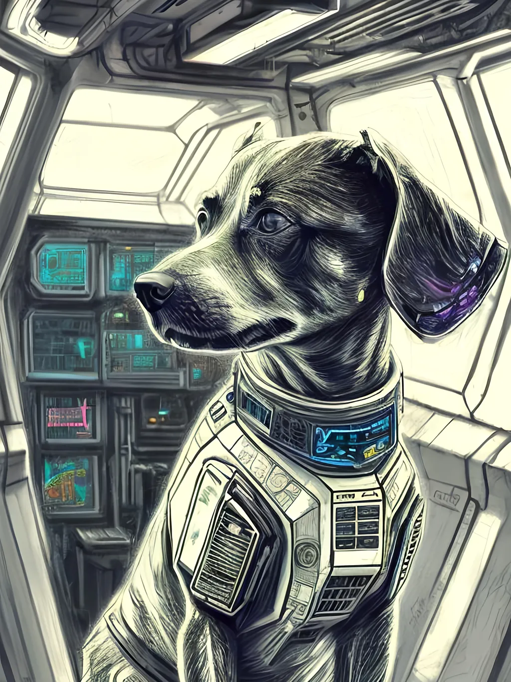 Prompt: chalk pastel style of a  detailed dog in a cyberpunk spaceship, sketch, detailed background, highres, fun atmosphere, natural lighting,  abstract, fun