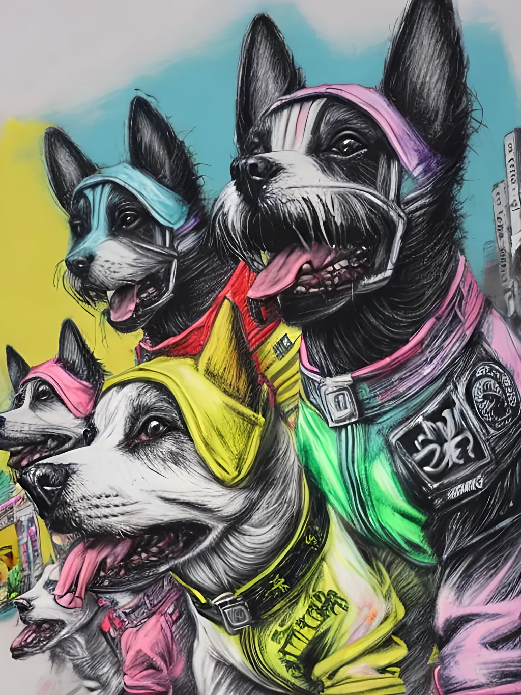 Prompt: pop art chalk pastel art of detailed dogs wearing gangster clothes playing in the streets in japan during a festival, sketch, detailed background, highres, fun atmosphere, natural lighting,  abstract, fun