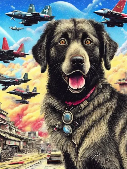 Prompt: pop art chalk pastel art of a detailed happy mountain cur black dog on the streets in post-apocalyptic Japan during a festival with planes in the background, sketch, detailed background, highres, fun atmosphere, natural lighting,  abstract, fun