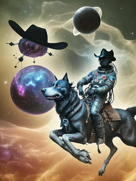 Prompt: Surrealism black dogs in cowboy outfits in space, abstract art style, cowboy hat, eerie atmosphere, floating celestial bodies, mysterious nebulae, dreamlike, surreal, high contrast, otherworldly, abstract, space, astronaut, eerie atmosphere, celestial bodies, dreamlike, surreal, high contrast, mysterious, nebulae, dogs