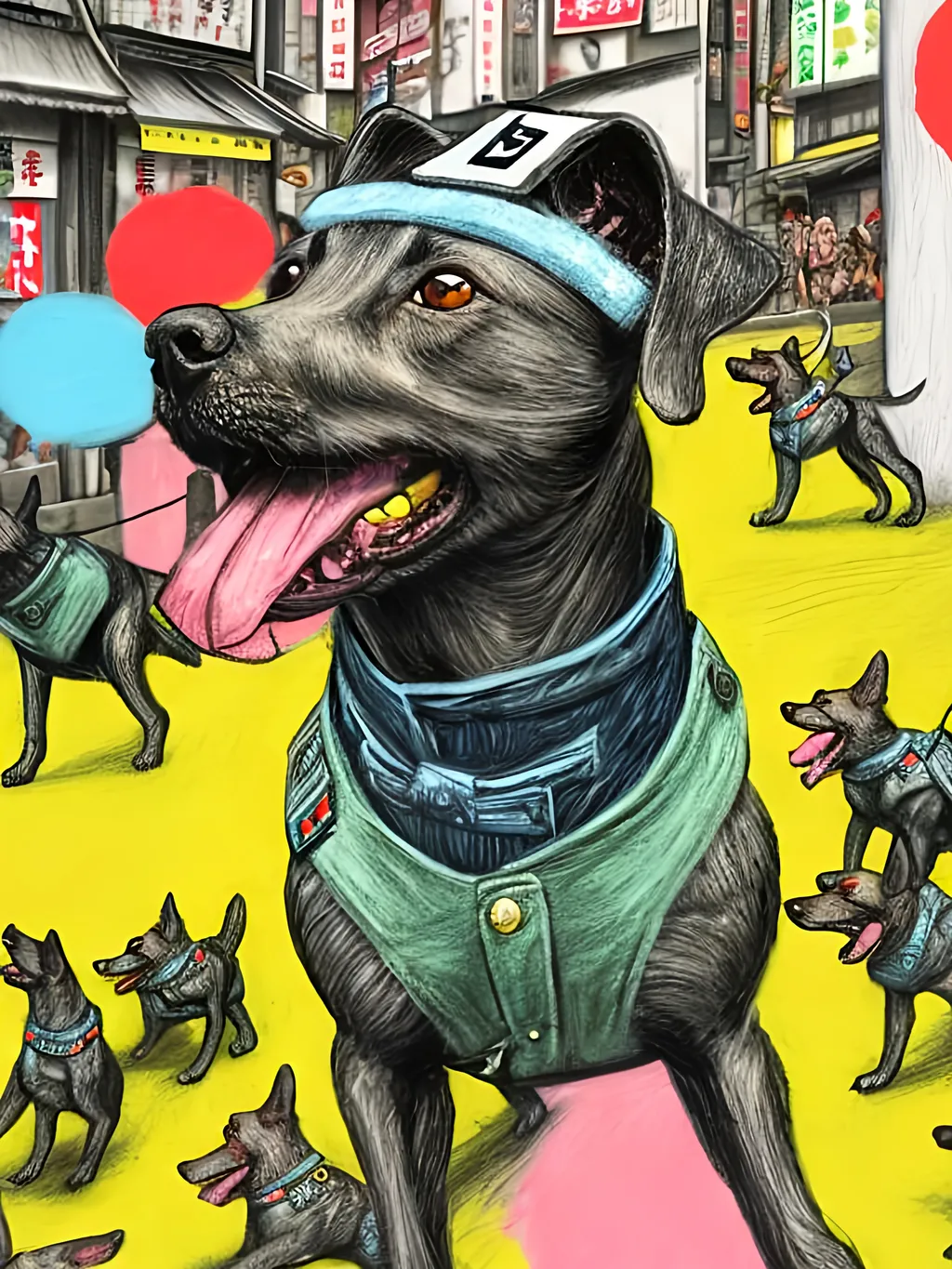 Prompt: pop art chalk pastel art of detailed dogs wearing nazi uniforms playing in the streets in japan during a festival, sketch, detailed background, highres, fun atmosphere, natural lighting,  abstract, fun