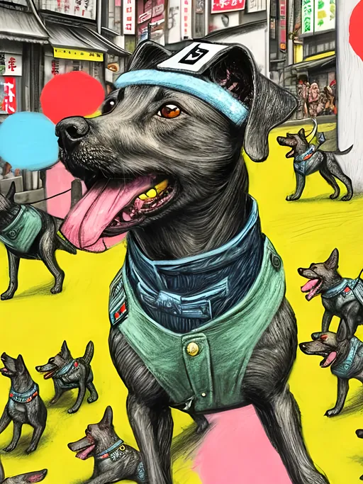 Prompt: pop art chalk pastel art of detailed dogs wearing nazi uniforms playing in the streets in japan during a festival, sketch, detailed background, highres, fun atmosphere, natural lighting,  abstract, fun