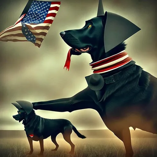 Prompt: Surreal, abstract art of black dogs in patriotic soldier outfits, cowboy hat, high contrast, dreamlike, otherworldly, fun atmosphere, mysterious, professional art, abstract, vibrant colors, atmospheric lighting, USA, surreal style, vibrant, high-quality