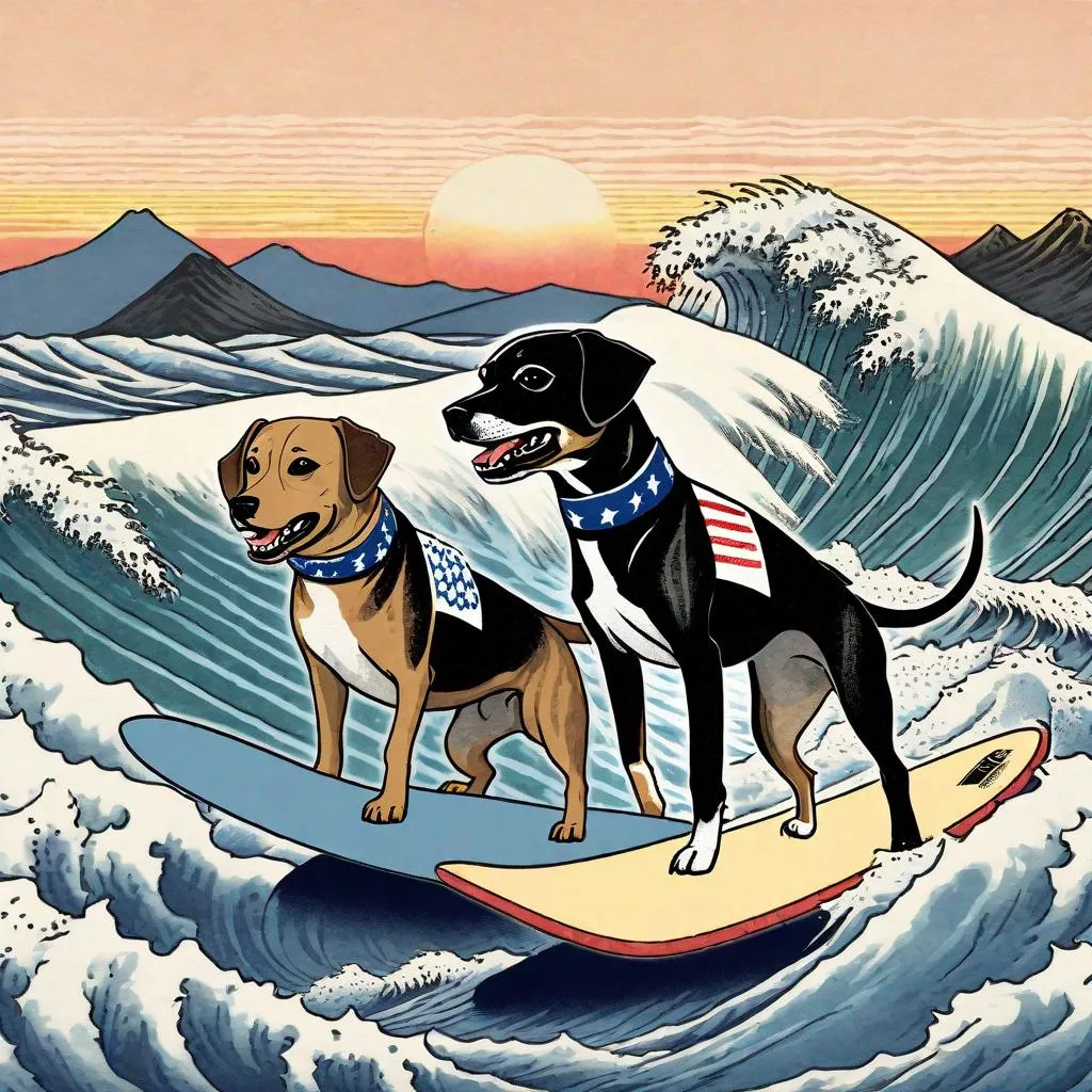 Prompt: black mountain cur dogs surfing in hiroshige wave wearing pro trump clothes