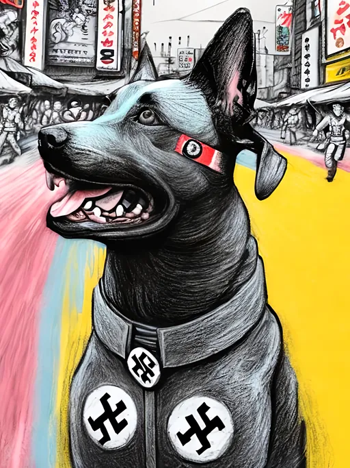 Prompt: pop art chalk pastel art of detailed dogs wearing nazi uniforms playing in the streets in japan during a festival, sketch, detailed background, highres, fun atmosphere, natural lighting,  abstract, fun