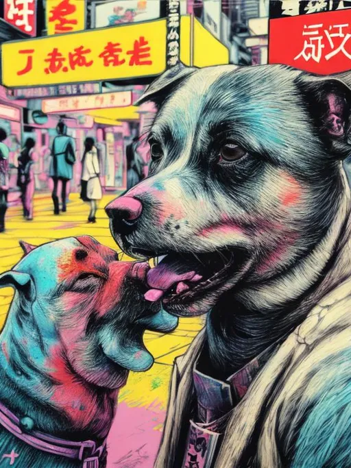 Prompt: pop art chalk pastel art of detailed dog smoking in the streets in cyberpunk japan during a festival, sketch, detailed background, highres, fun atmosphere, natural lighting,  abstract, fun