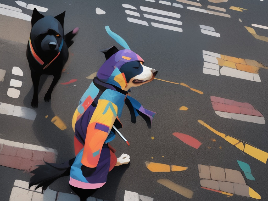 Prompt: black dog wearing ninja clothes having fun in the streets with a battle in the background, dogs, abstract art, Screen print, digital art, 8k resolution trending on Artstation, golden ratio, akira, rule of thirds, geometric bauhaus, Studio Ghibli, Anime Key Visual, by Makoto Shinkai, Deep Color, Intricate, 8k resolution concept art, Natural Lighting, Beautiful Composition