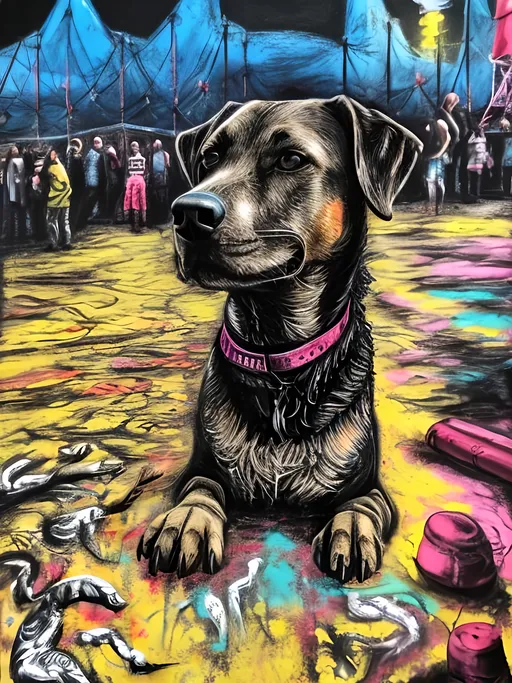 Prompt: Detailed mountain cur all black dog at a circus, festival, pop art chalk pastel, grunge, highres, abstract, natural lighting, lively atmosphere, fun, vibrant, happy-go-lucky, detailed dogs, detailed eyes, detailed fur, festive, flying, post-apocalyptic, Japan, chalk pastel, detailed background, grunge style, abstract art, high quality, natural lighting