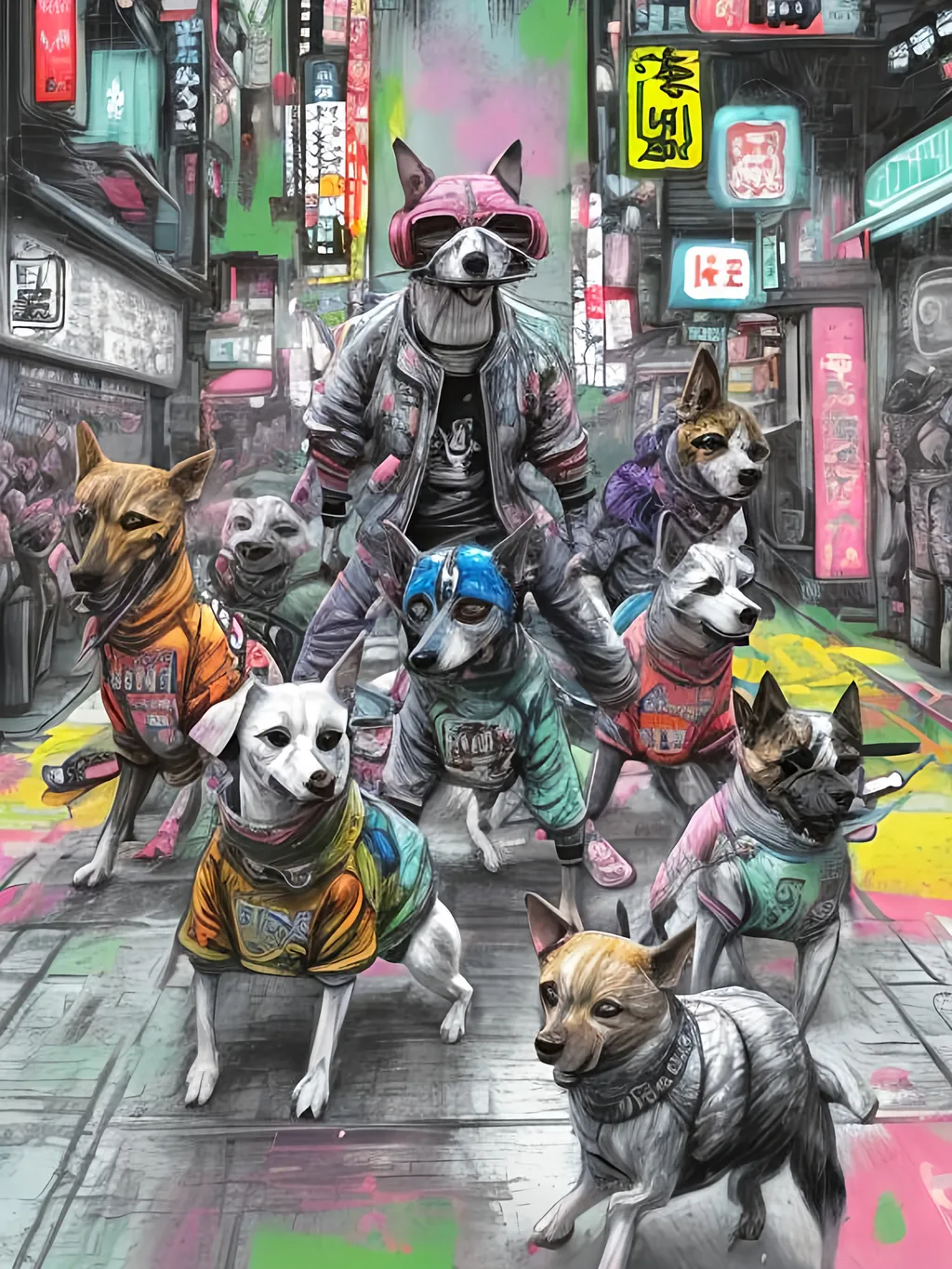 Prompt: pop art chalk pastel art of detailed dogs wearing gangster clothes playing in the streets in cyberpunk japan during a festival, sketch, detailed background, highres, fun atmosphere, natural lighting,  abstract, fun