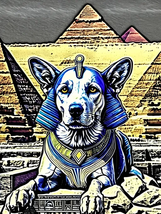 Prompt: pop art chalk pastel art of detailed dog as the sphinx in egypt, sketch, detailed background, highres, fun atmosphere, natural lighting,  abstract, fun