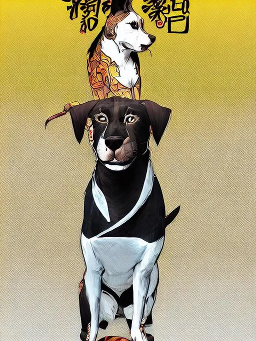 Prompt: black mountain cur dog in yakuza outfit 90s poster