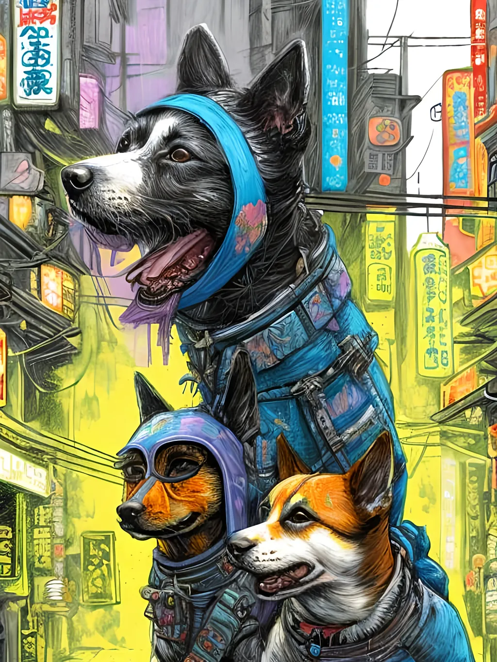 Prompt: pop art chalk pastel art of detailed dogs wearing ninja clothes playing in the streets in cyberpunk japan during a festival, sketch, detailed background, highres, fun atmosphere, natural lighting,  abstract, fun