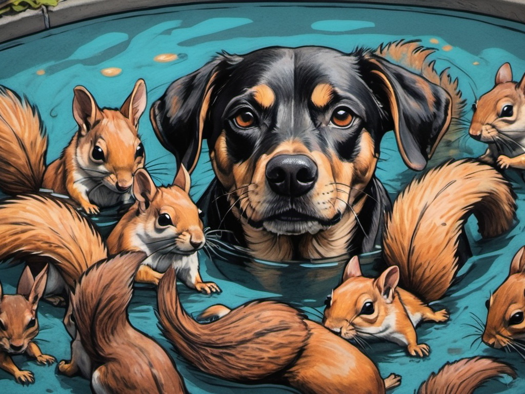 Prompt: a detailed dog drowning in a pool of squirrels, pop art chalk pastel, sketch, grunge, highres