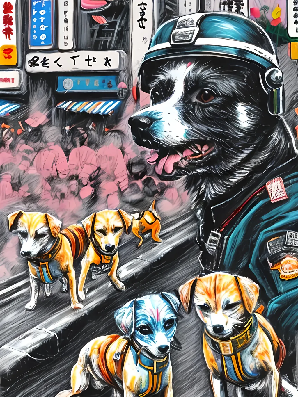 Prompt: pop art chalk pastel art of detailed dogs wearing pilot uniforms playing in the streets in japan during a festival, sketch, detailed background, highres, fun atmosphere, natural lighting,  abstract, fun