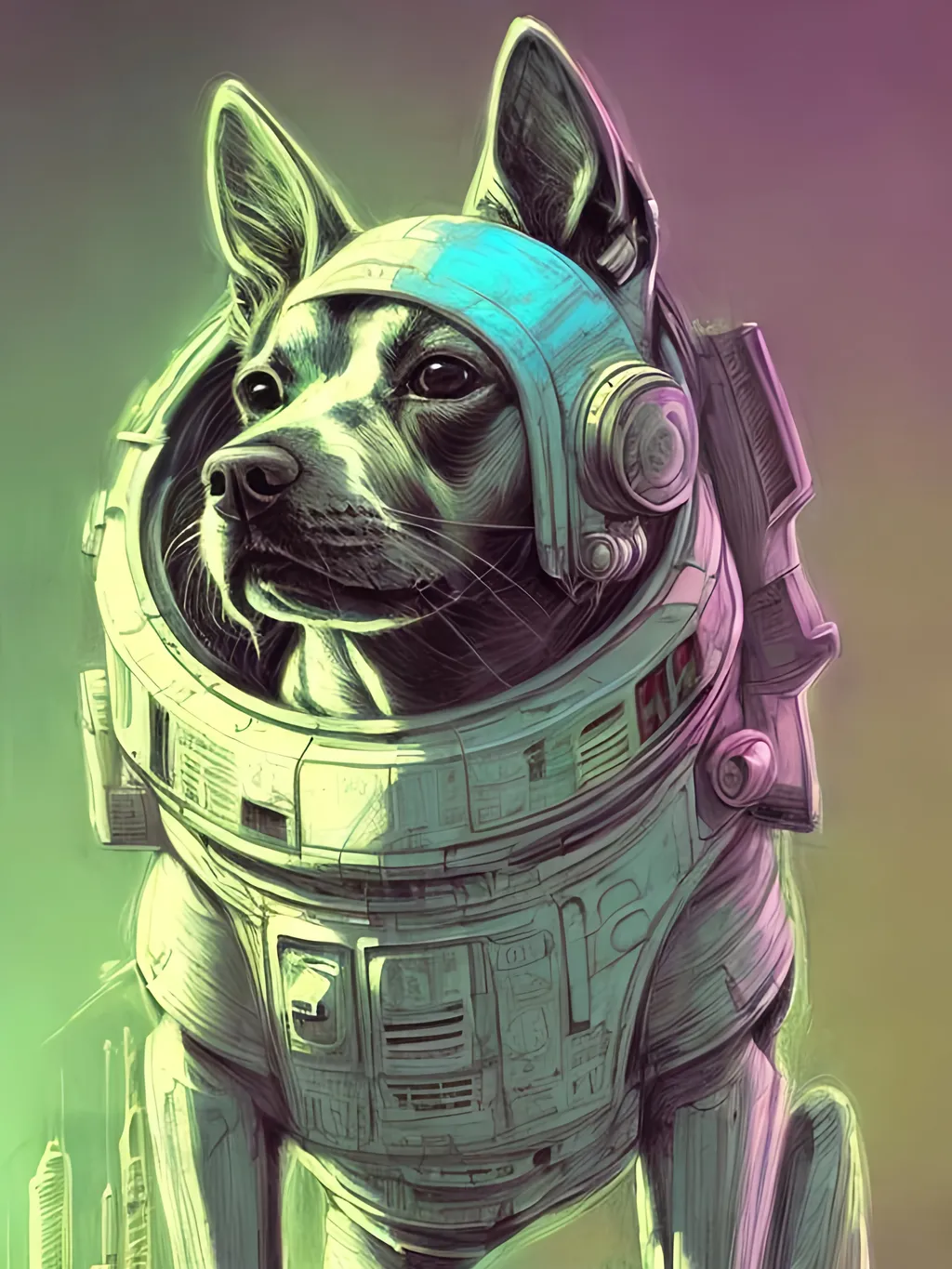 Prompt: chalk pastel style of a  detailed dog in a cyberpunk spaceship, sketch, detailed background, highres, fun atmosphere, natural lighting,  abstract, fun