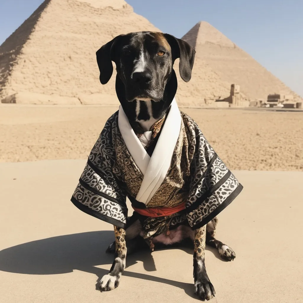 Prompt: black mountain cur dog dressed as yakuza in egypt