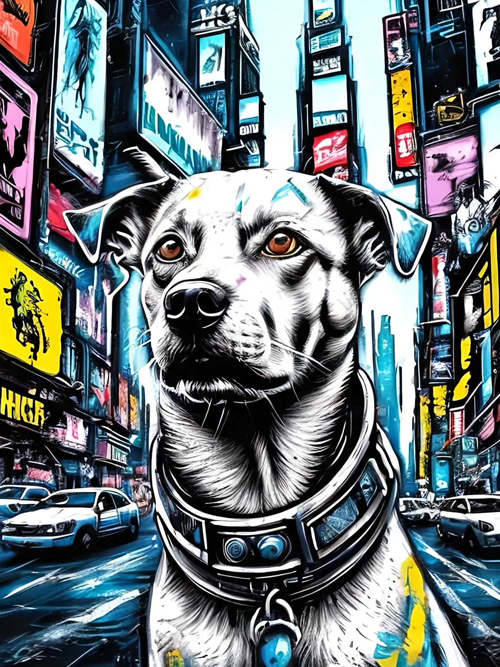 Prompt: pop art chalk pastel style of a  detailed dog in cyberpunk times square, sketch, detailed background, highres, fun atmosphere, natural lighting,  abstract, fun