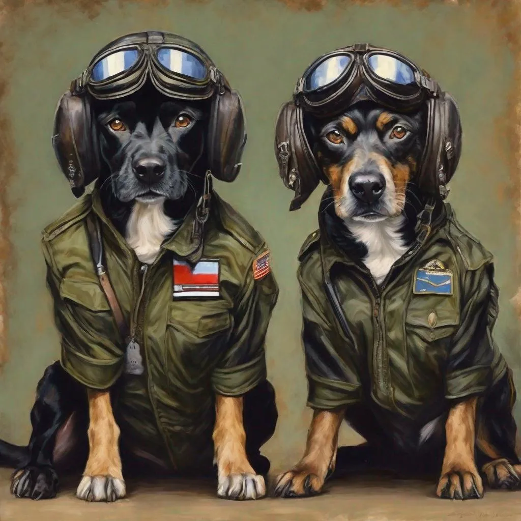 Prompt: mountain cur black dogs in pilots uniform art