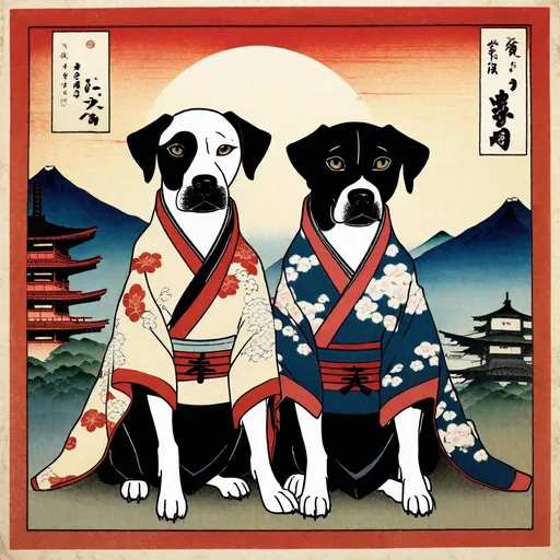 Prompt: black mountain cur dogs in hiroshige wearing yakuza clothes