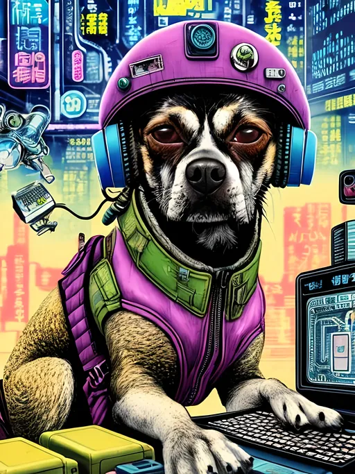 Prompt: pop art chalk pastel art of a detailed dog hacking a computer on the subway train in cyberpunk japan with planes in the background, sketch, detailed background, highres, fun atmosphere, natural lighting,  abstract, fun