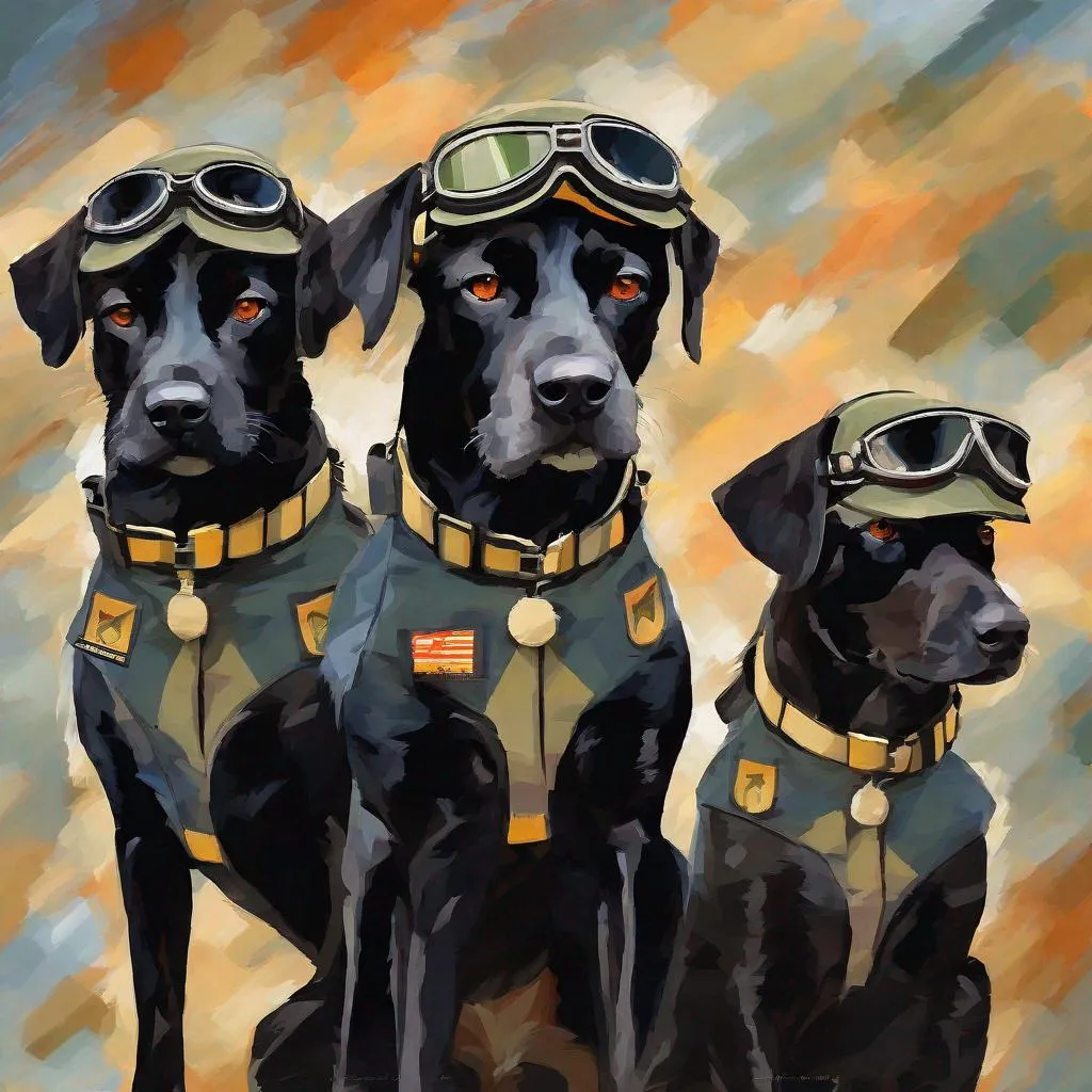 Prompt: mountain cur black dogs in pilots uniform abstract art