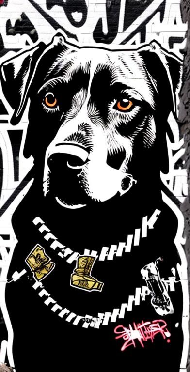 Prompt: mountain cur black dogs in gangster rappers clothing graffiti