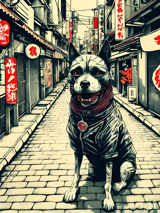 Prompt: pop art chalk pastel style of a detailed gangster dog in the streets in japan during a festival, sketch, detailed background, highres, fun atmosphere, natural lighting,  abstract, fun