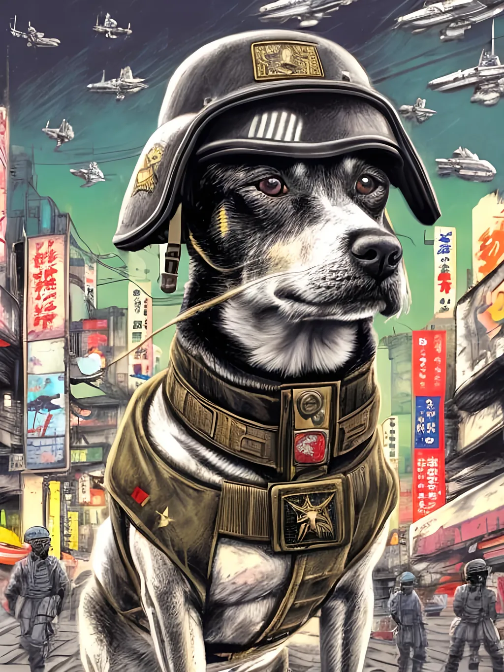 Prompt: pop art chalk pastel art of a detailed dog wearing a military uniform on the streets in cyberpunk japan during a festival with planes in the background, sketch, detailed background, highres, fun atmosphere, natural lighting,  abstract, fun