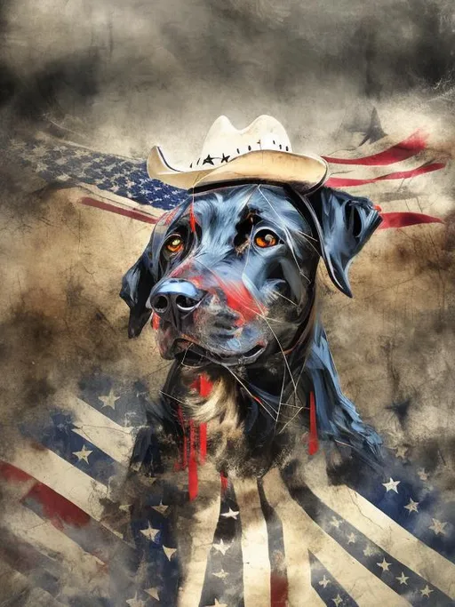 Prompt: Surreal, abstract art of black dogs in patriotic clothing, cowboy hat, high contrast, dreamlike, otherworldly, fun atmosphere, mysterious, USA, surreal style, professional art, abstract, highres, vibrant colors, atmospheric lighting