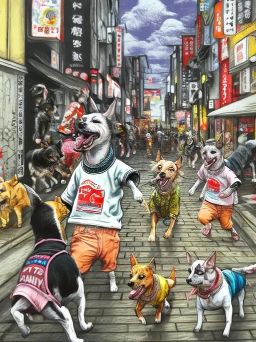 Prompt: pop art chalk pastel art of detailed dogs wearing clothes playing in the streets in japan during a festival, sketch, detailed background, highres, fun atmosphere, natural lighting,  abstract, fun