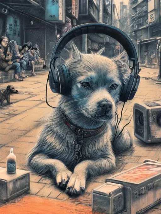 Prompt: chalk pastel art of a detailed dog listening to music on the streets in post-apocalyptic Japan during a festival with planes in the background, sketch, detailed background, highres, fun atmosphere, natural lighting,  abstract, fun