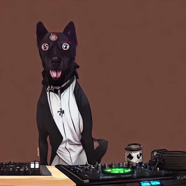 Prompt: black mountain cur dog dressed as yakuza DJing