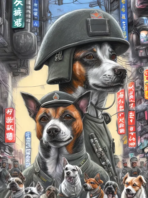 Prompt: chalk pastel art of a detailed dogs wearing military uniforms on the streets in cyberpunk japan during a festival with planes in the background, sketch, detailed background, highres, fun atmosphere, natural lighting,  abstract, fun