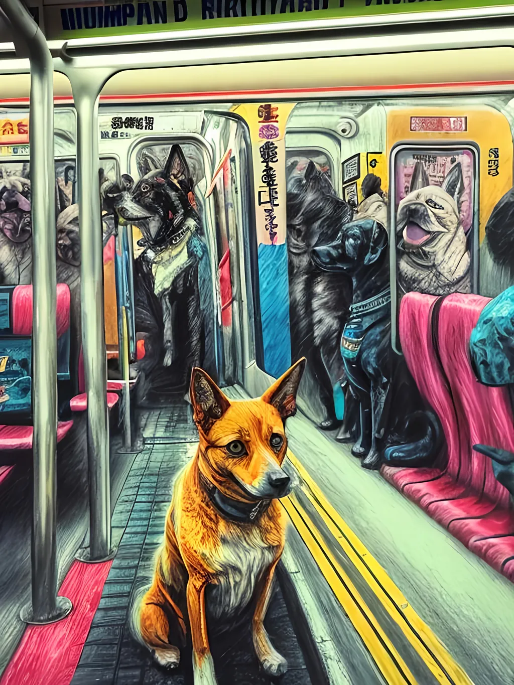 Prompt: pop art chalk pastel art of detailed dog on a train in cyberpunk japan during a festival, sketch, detailed background, highres, fun atmosphere, natural lighting,  abstract, fun