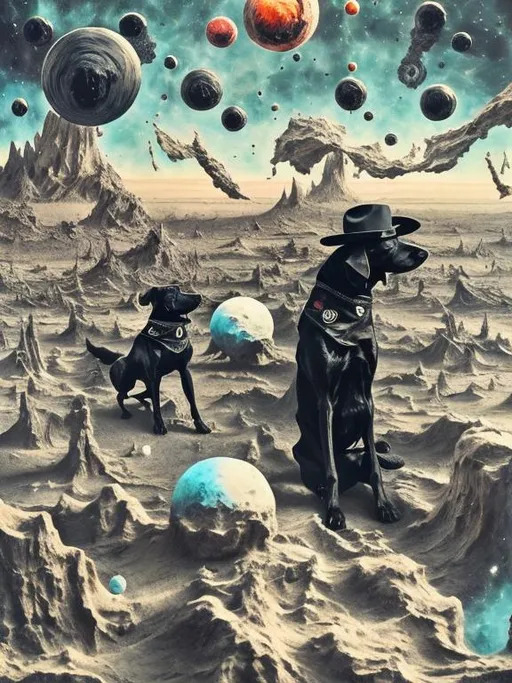 Prompt: Surrealism black dogs in gangster outfits in space, abstract art style, cowboy hat, fun atmosphere, floating celestial bodies, mysterious nebulae, dreamlike, surreal, high contrast, otherworldly, abstract, space, astronaut, fun atmosphere, celestial bodies, dreamlike, surreal, high contrast, mysterious, nebulae, dogs, usa, patriotic, trump