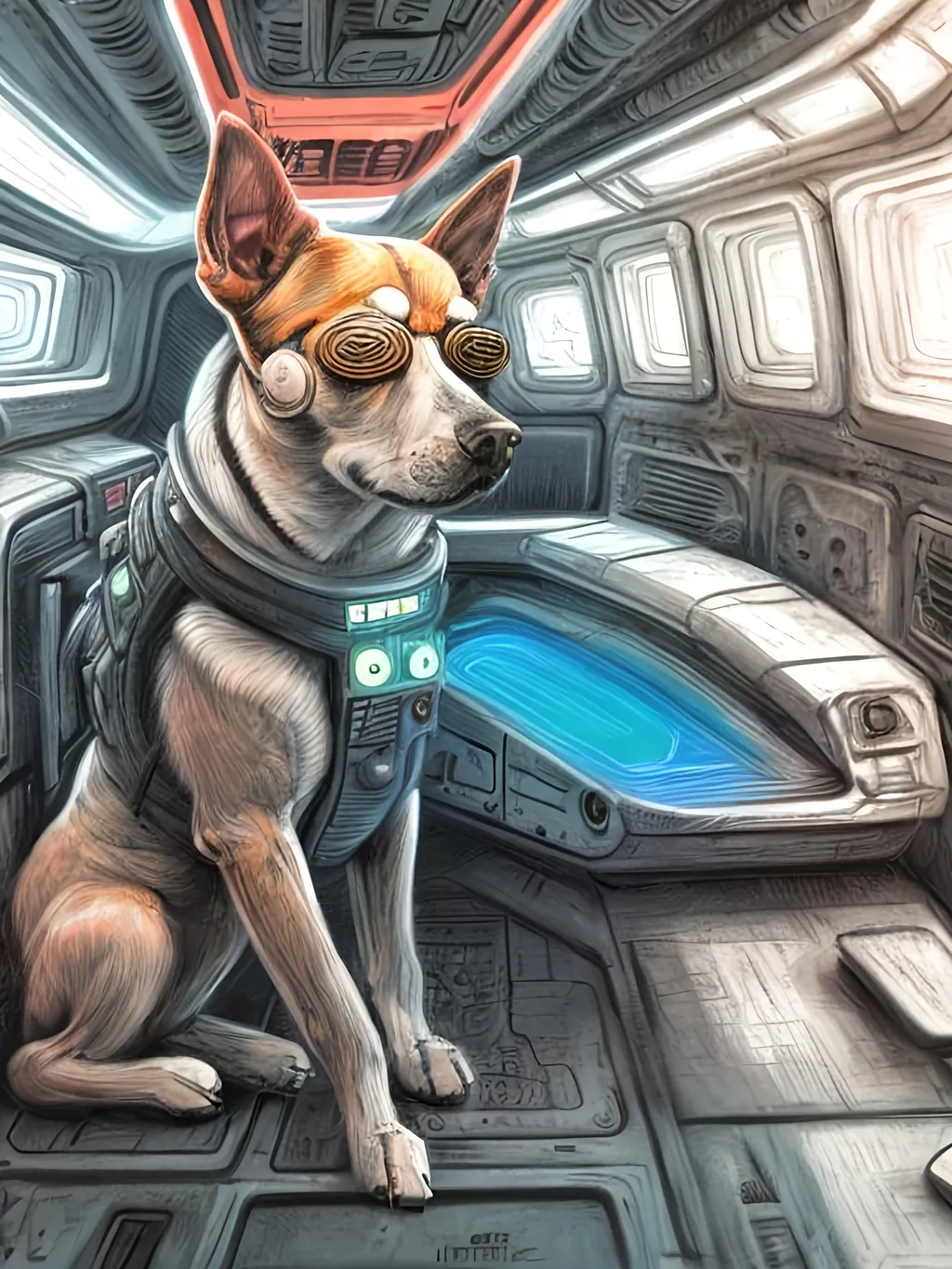 Prompt: chalk pastel style of a  detailed dog in a cyberpunk spaceship, sketch, detailed background, highres, fun atmosphere, natural lighting,  abstract, fun