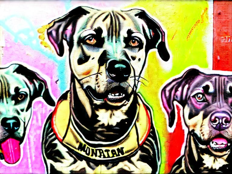 Prompt: mountain cur black dogs in gangster rappers clothing graffiti