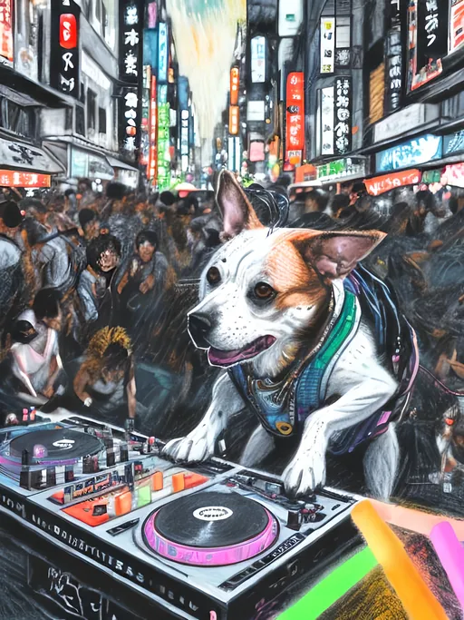 Prompt: chalk pastel art of detailed dog DJing in the streets in Japan during a festival, sketch, detailed background, highres, fun atmosphere, natural lighting,  abstract, fun