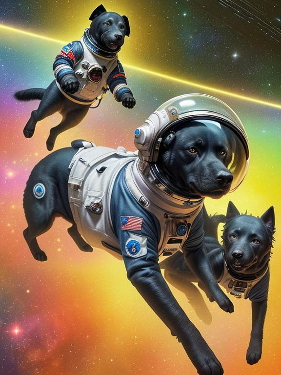 Prompt: Surrealism art, black dogs in astronaut outfits, space background, surrealistic, abstract, detailed fur, cosmic colors, dreamlike atmosphere, high quality, surrealism, astronaut dogs, abstract art, cosmic, detailed, surreal colors, space setting, dreamy lighting